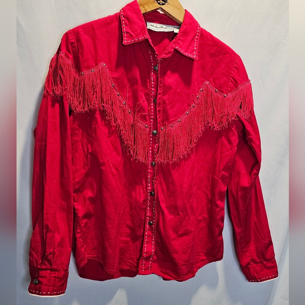 Adobe Rose Vintage 100% Cotton Red Tassled Button Front Top - Picture 10 of 11